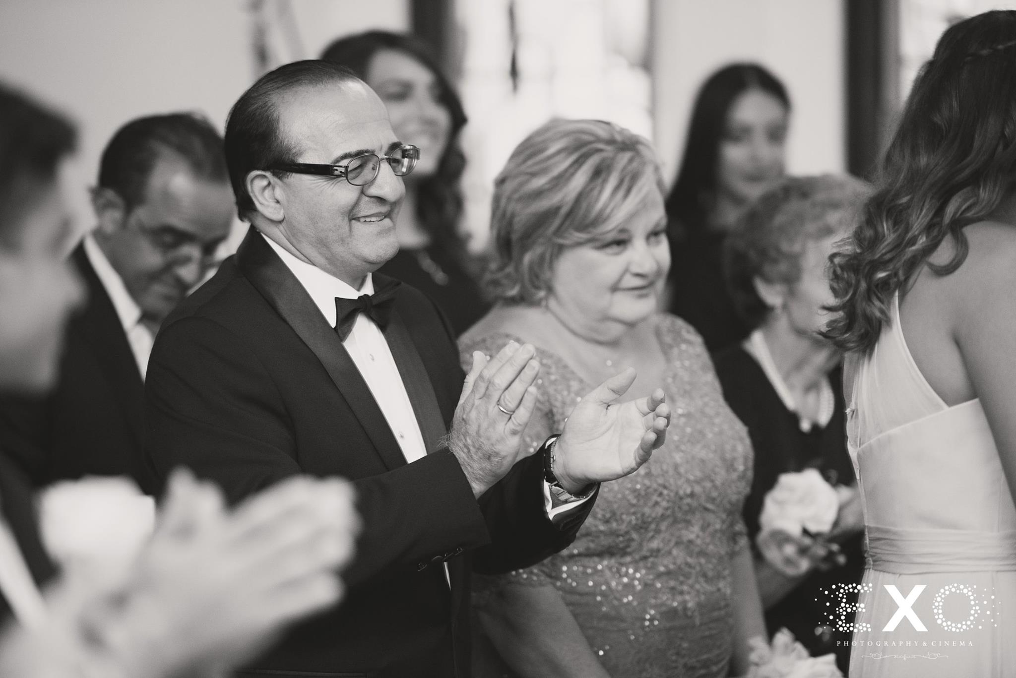black and white image of family at reception