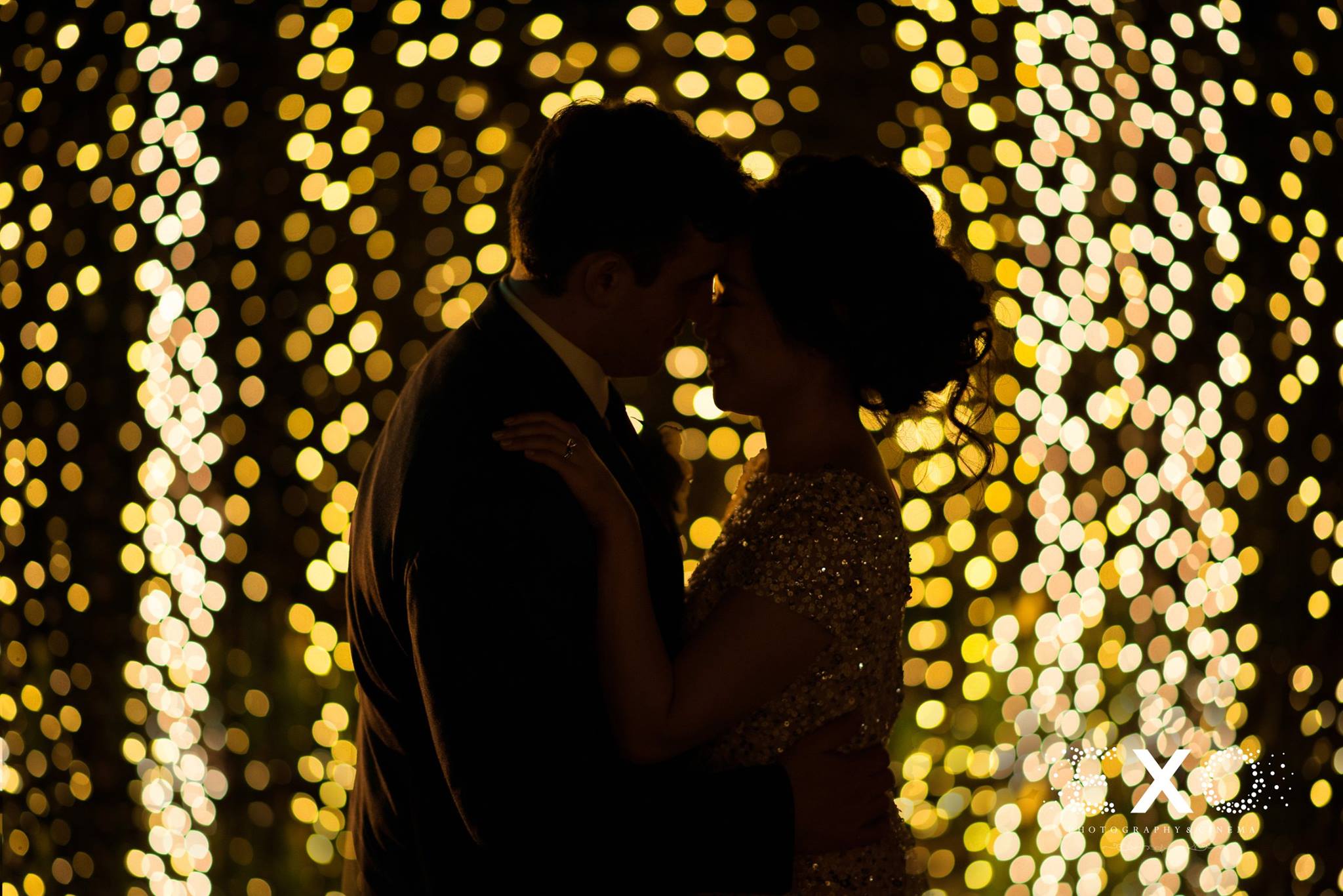 bride and groom with string light at Fox Hollow