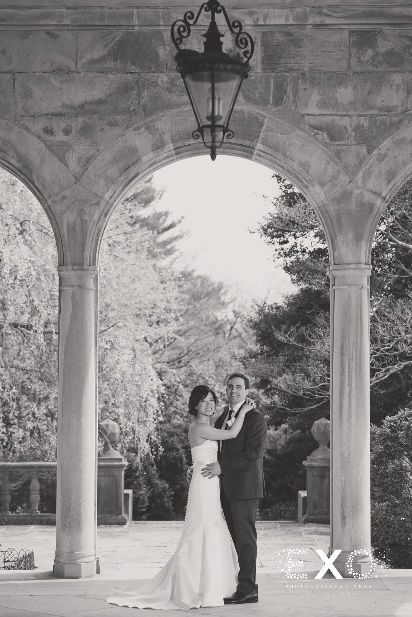 black and white image of bride and groom at Fox Hollow
