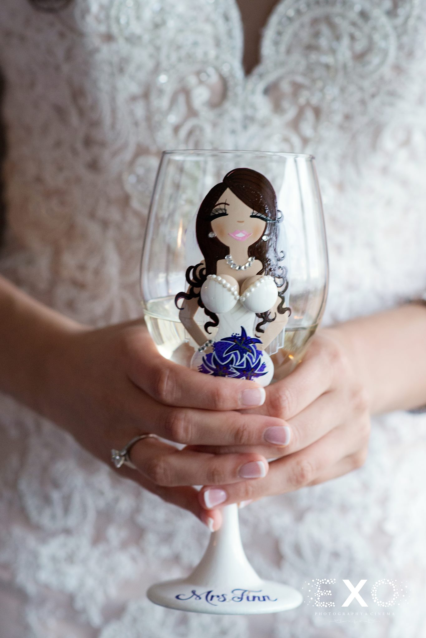 bride with personalized cup
