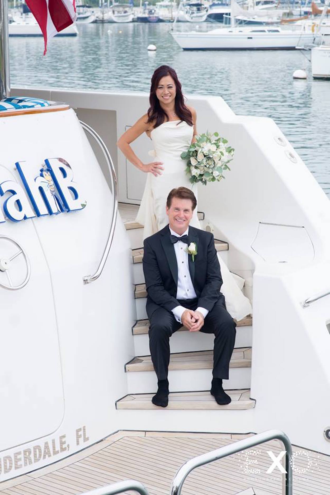 bride and groom on boat