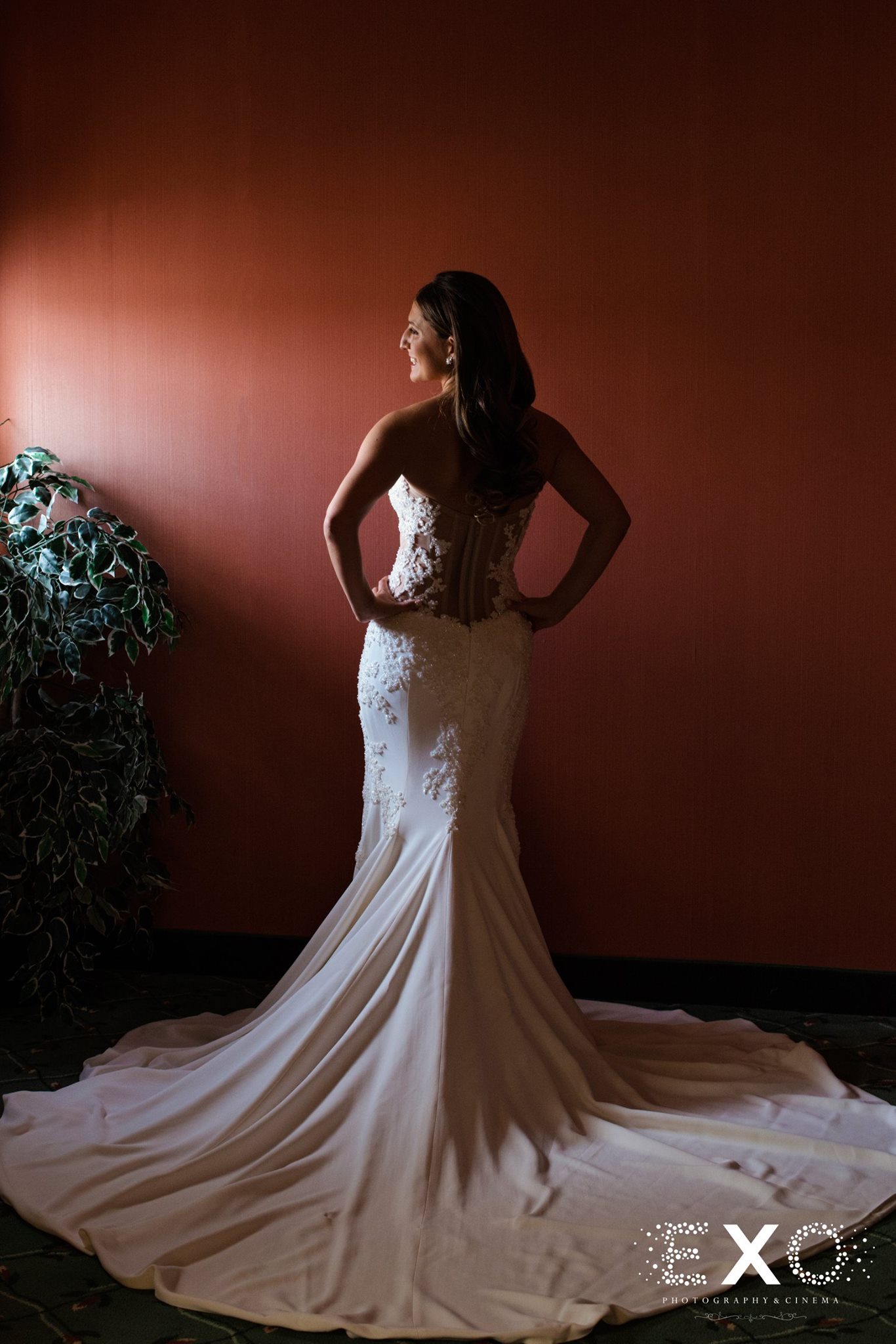 dramatic photo of bride posing in bridal gown