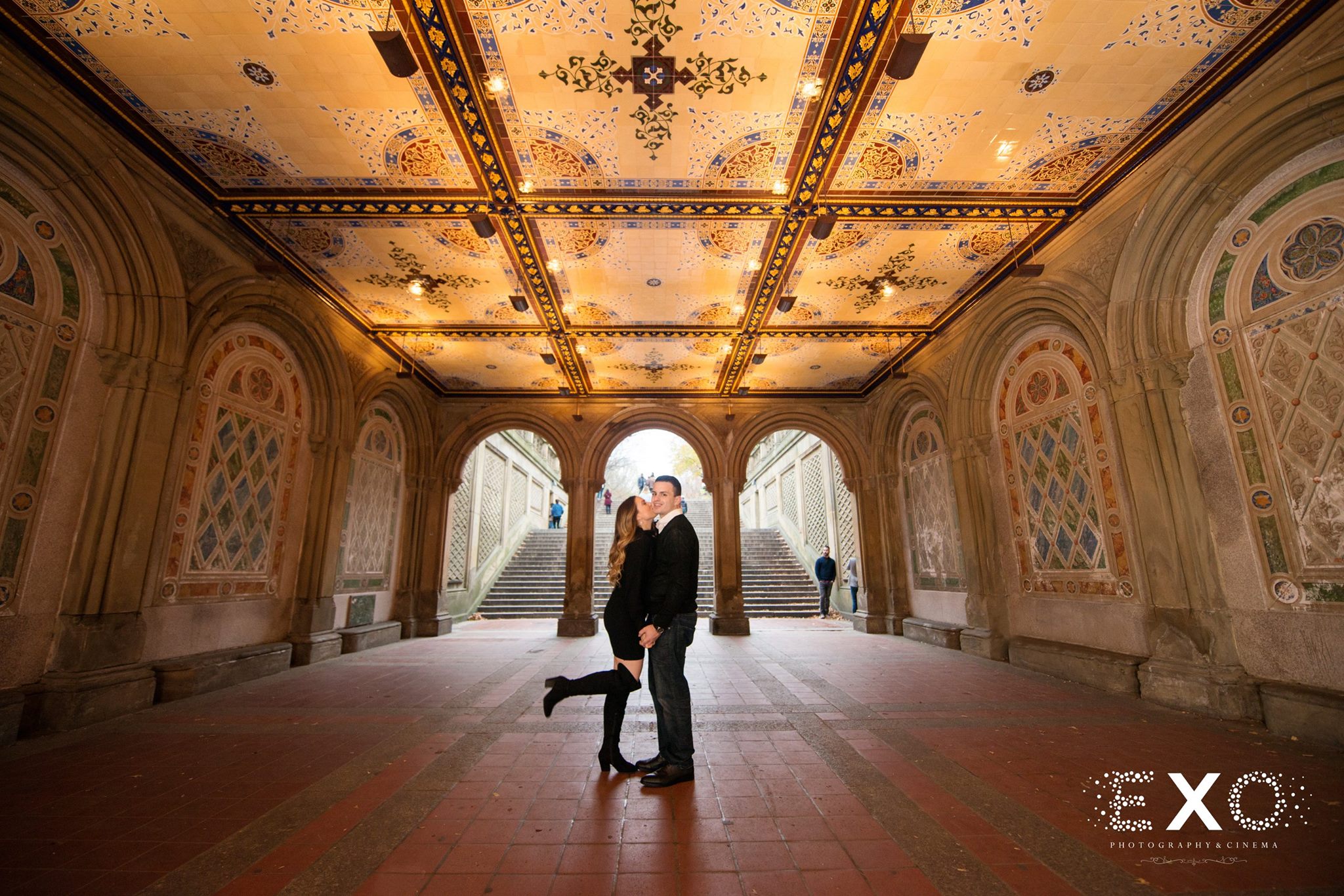 couple standing under artistic roof at Central Park