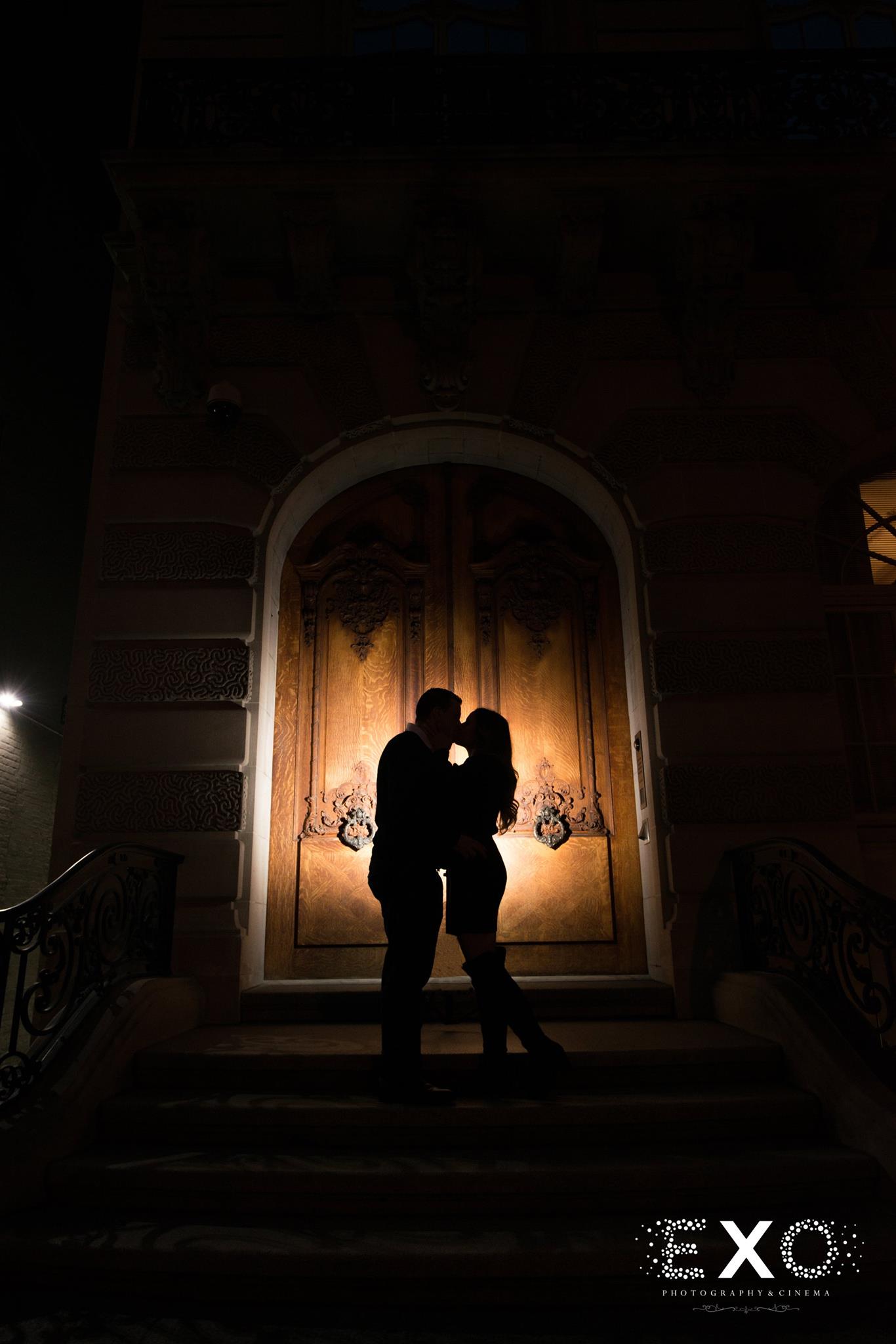 silhouette shot of couple kissing in Central Park engagement session