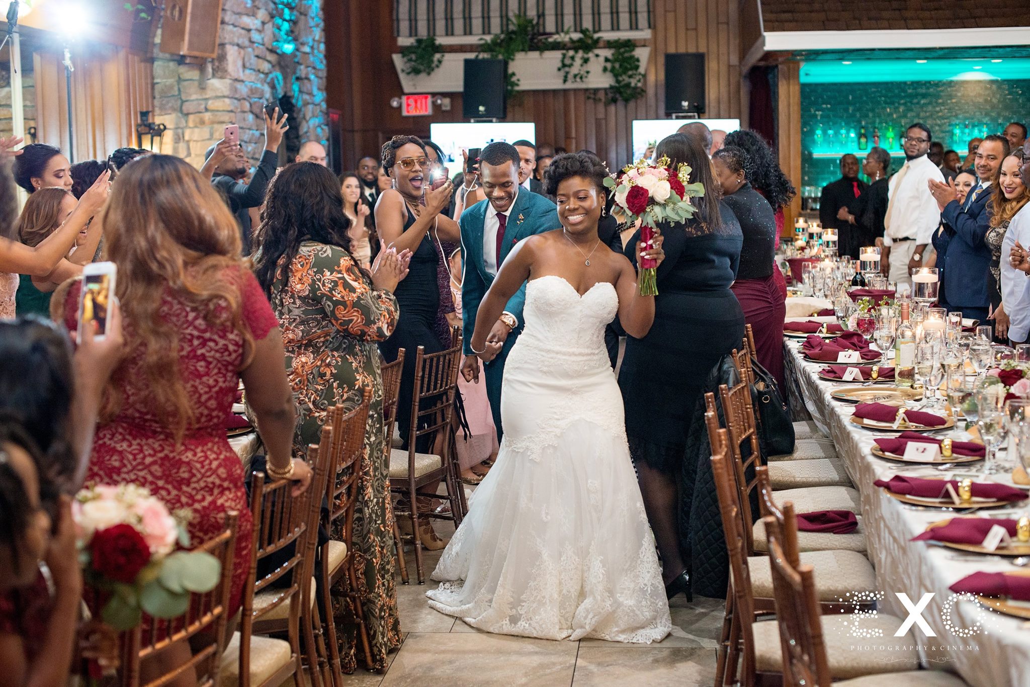 bride dancing near tables at Fox Hollow wedding 