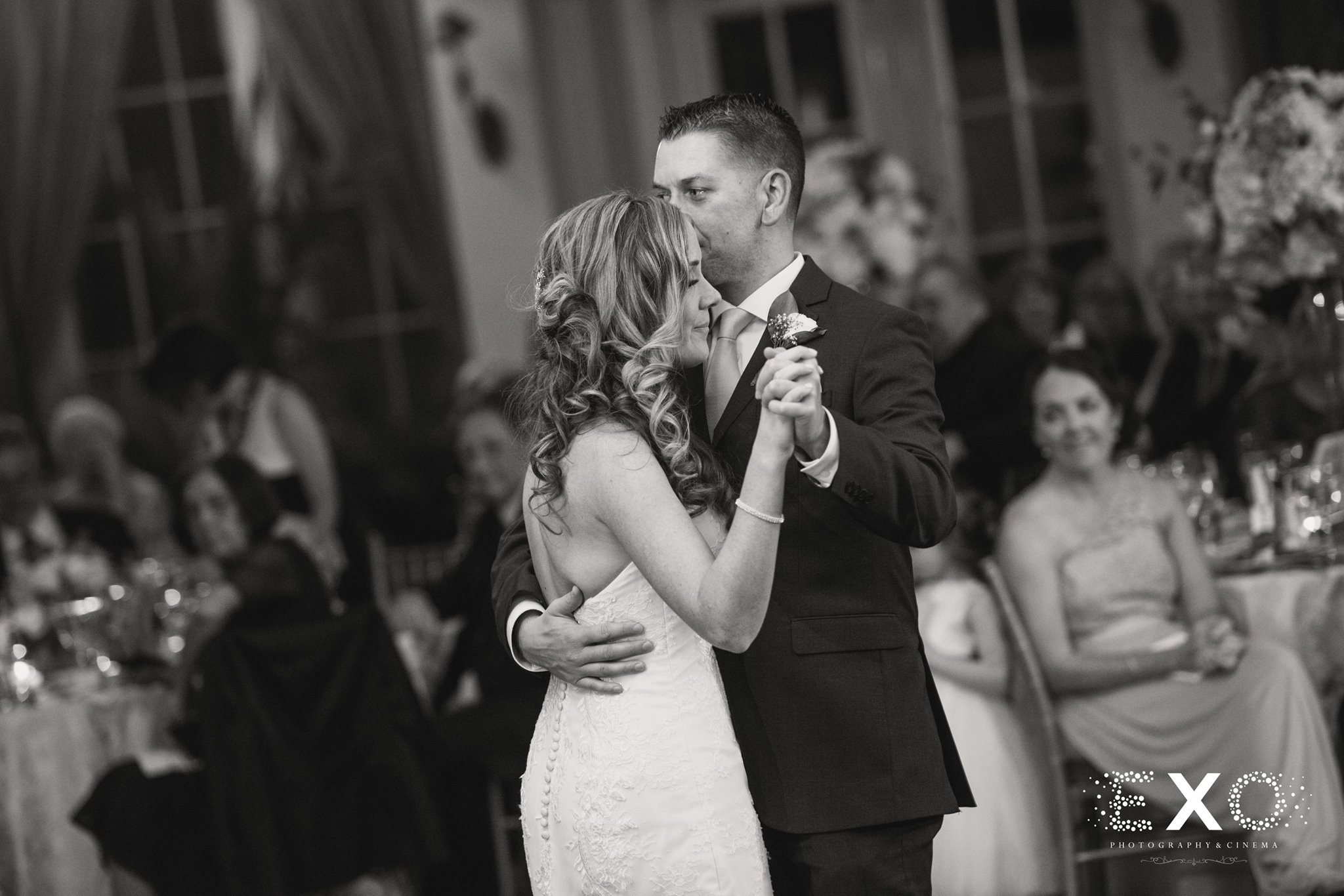 black and white image of couple dancing at Heritage Club at Bethpage wedding reception