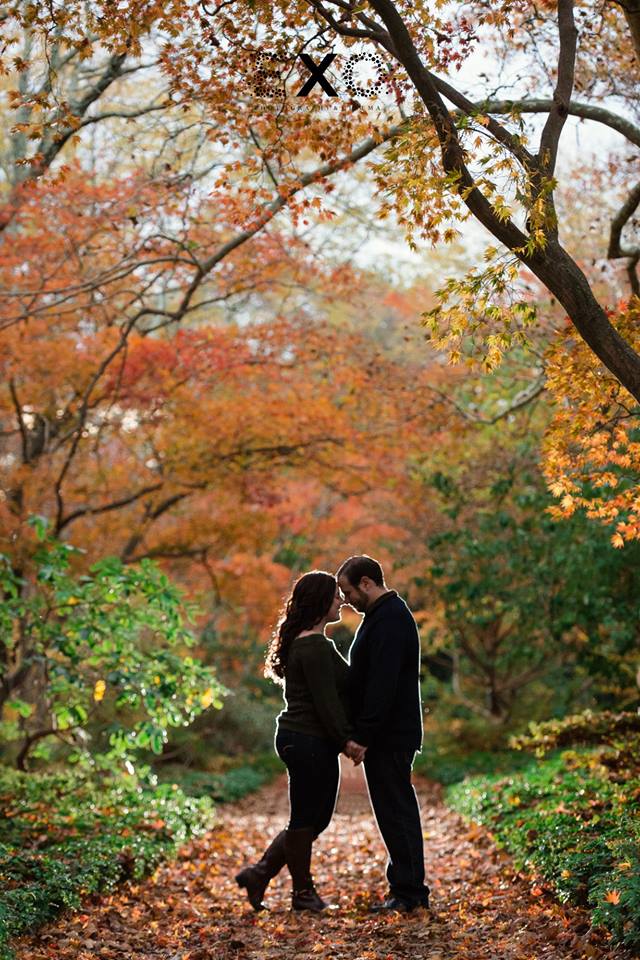 Couple standing between trees with fall colors at Planting Fields Arboretum