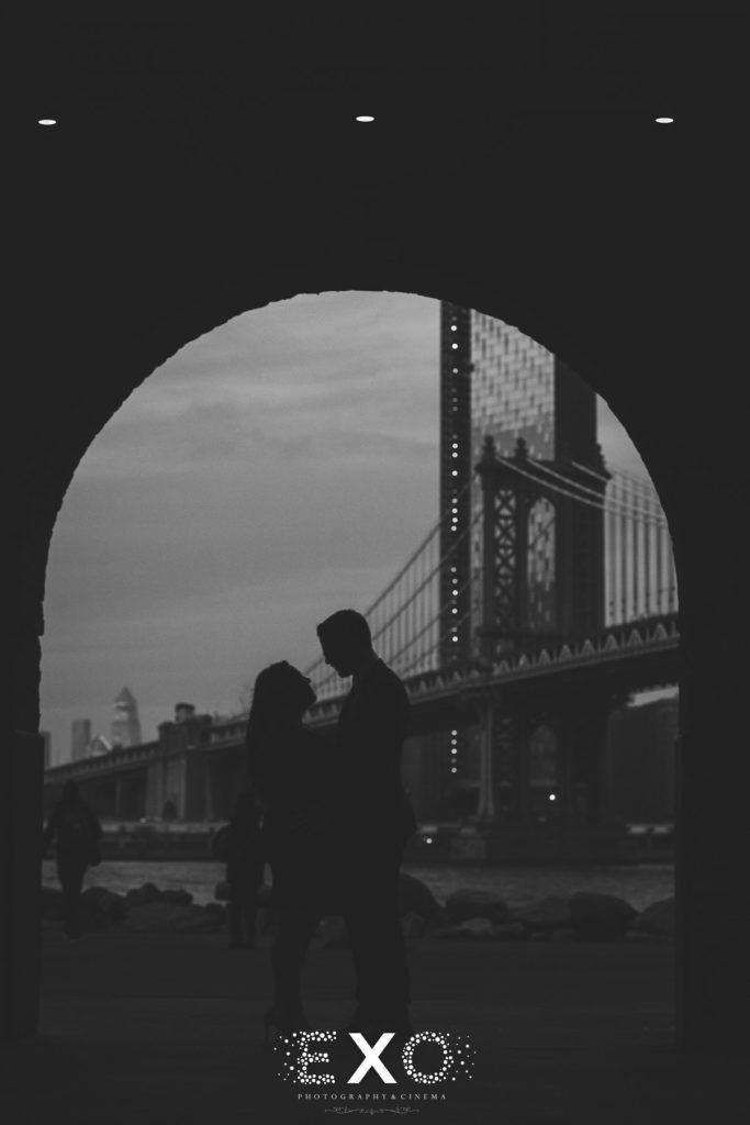 brooklyn bridge black and white engagement couple