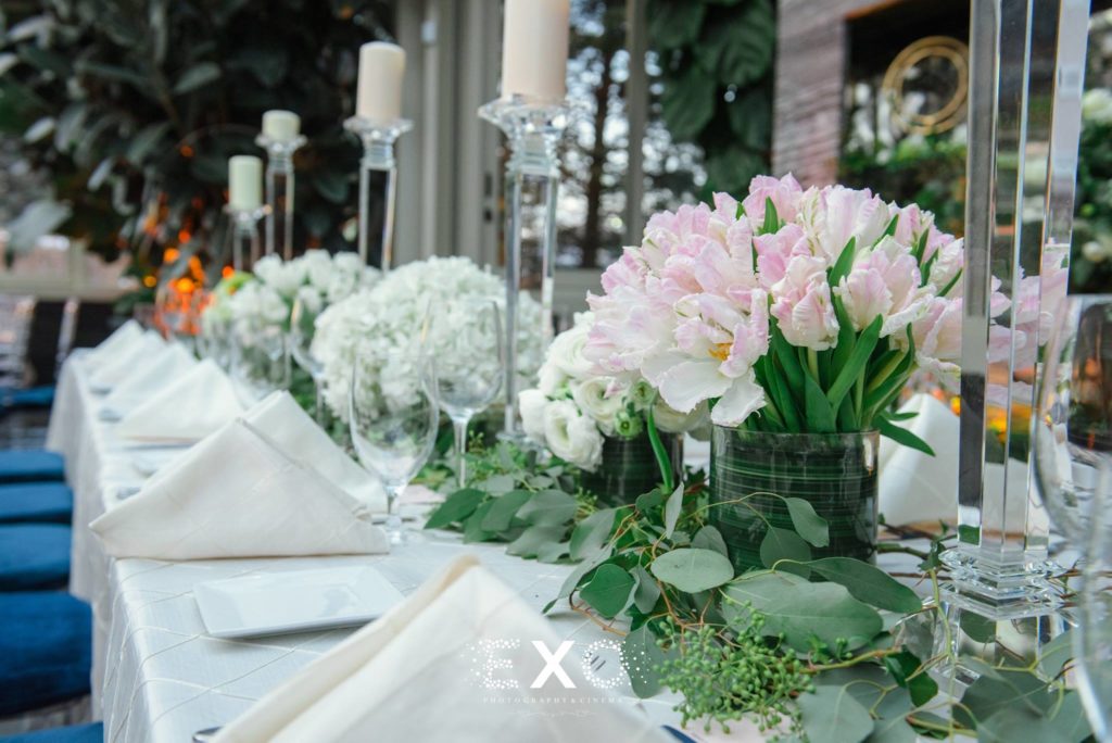Table set-up with centerpieces at Rare 650