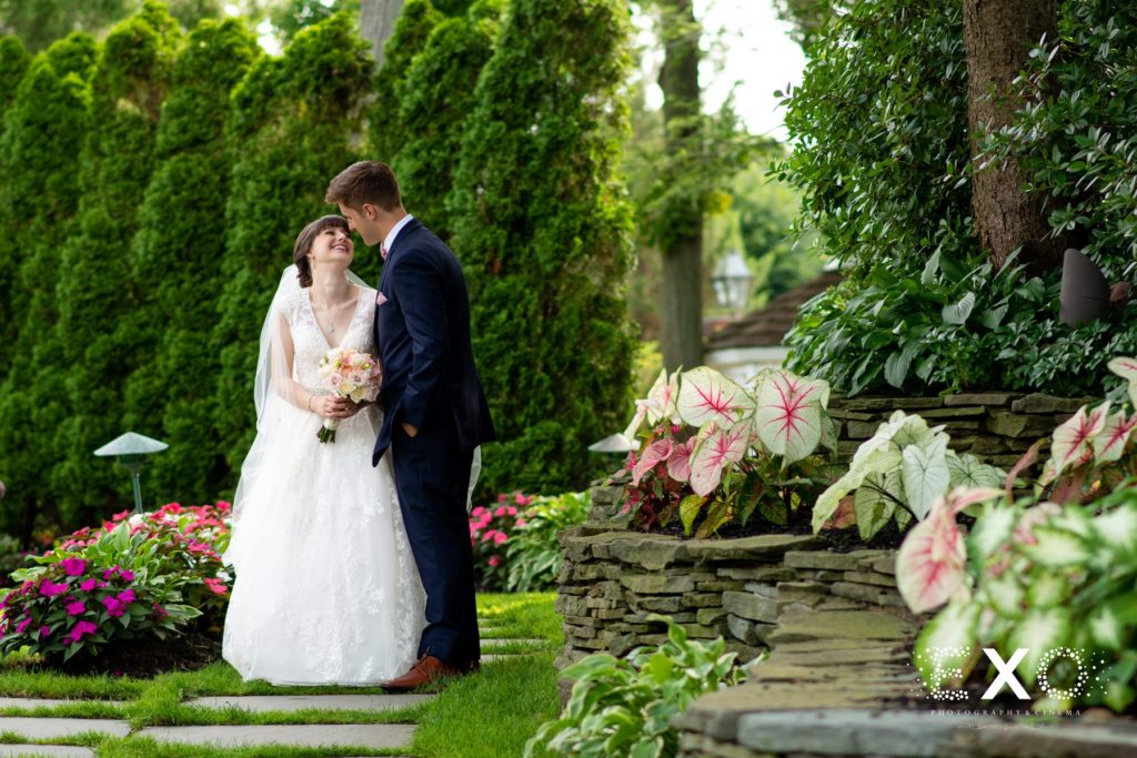 Bride and groom in the garden at Fox Hollow