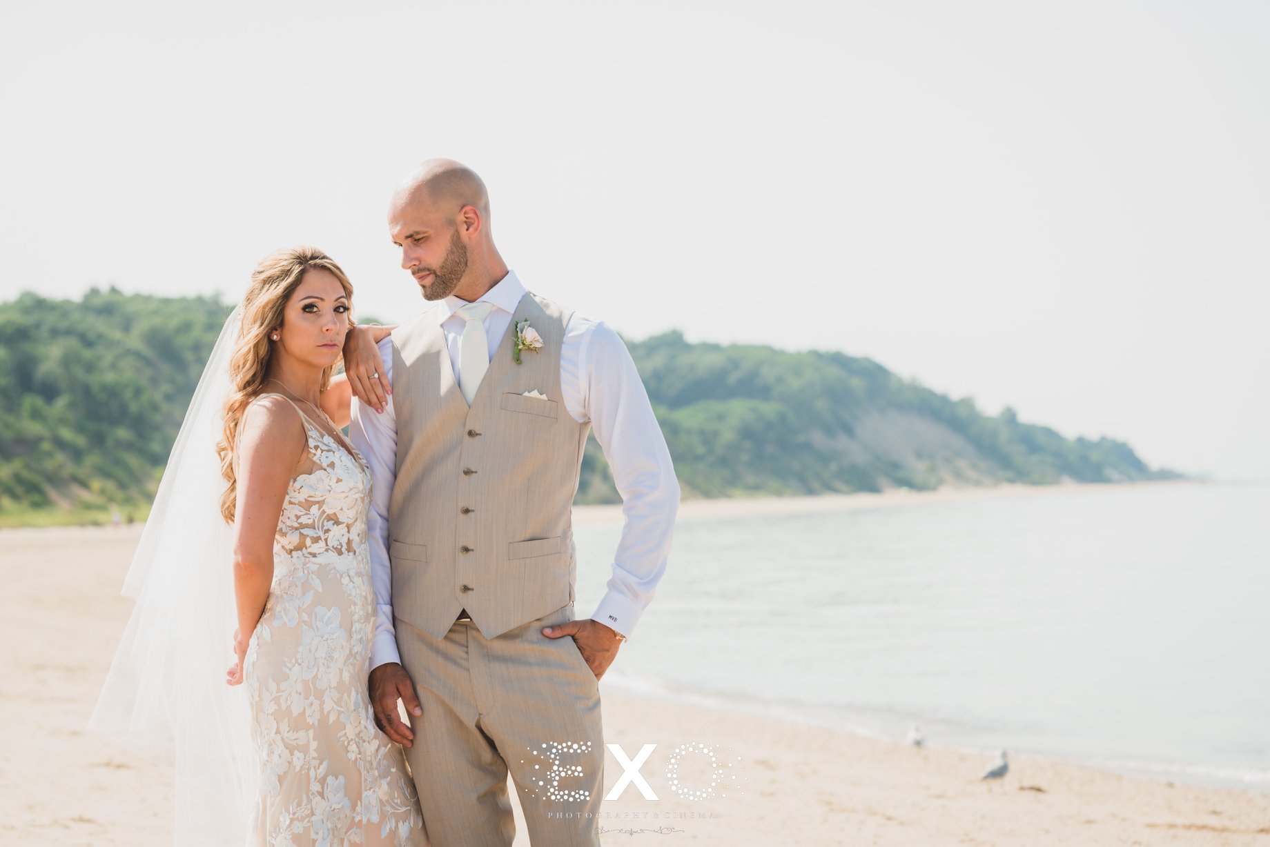 stunning shot of bride and groom on the beach at Pavilion at Sunken Meadow