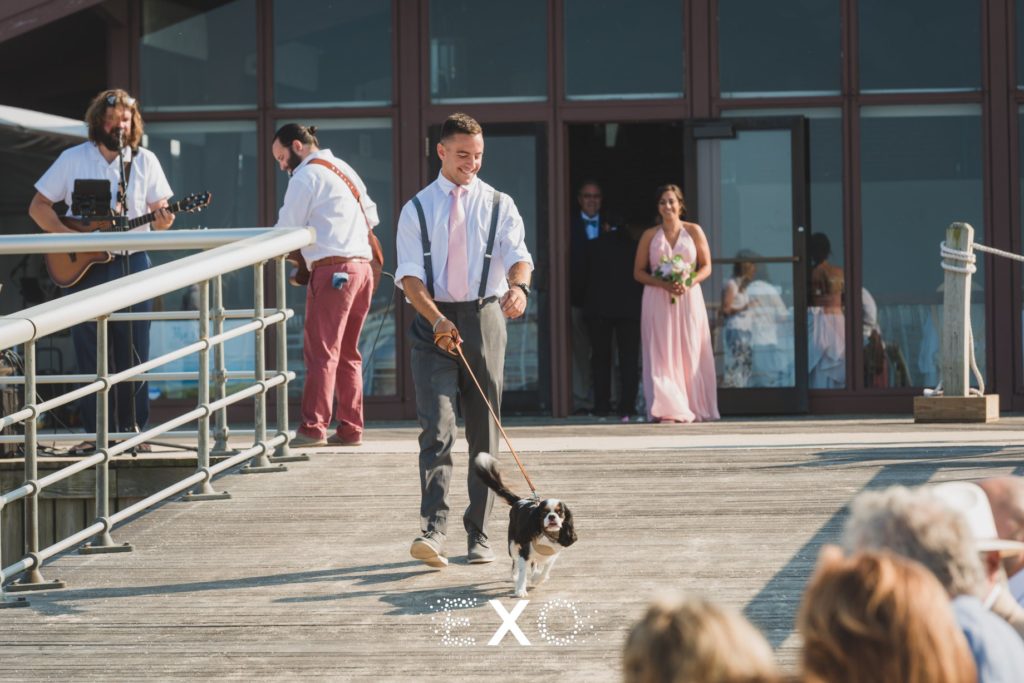 Groomsmen walking with dog down the aisle at Pavilion at Sunken Meadow