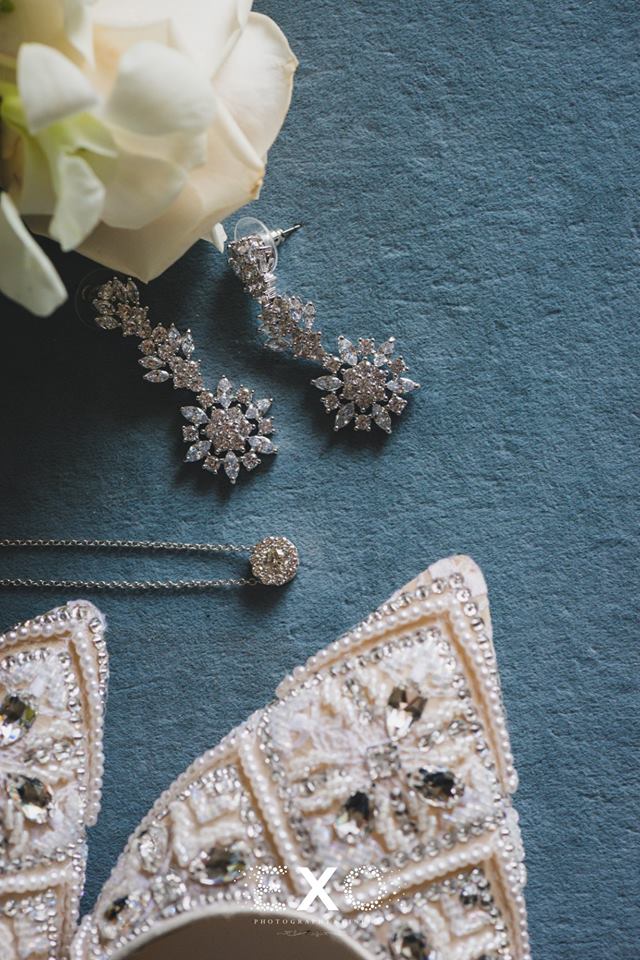 Bride's shoes, necklace, and earrings. Wedding inspo.