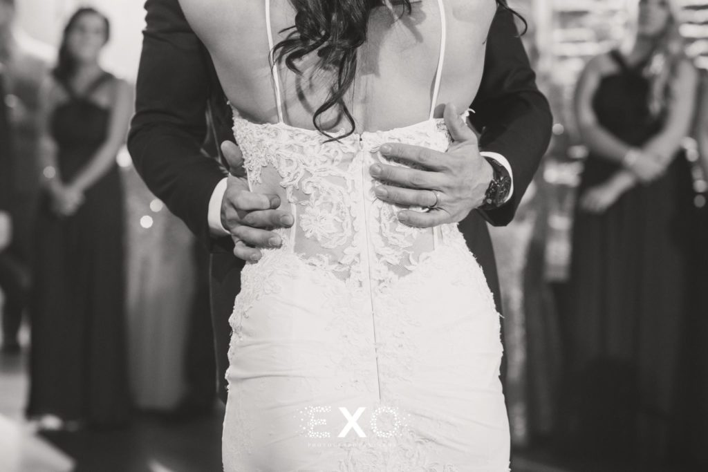 Bride's bodice in black and white at The Loft at Bridgeview Yacht Club