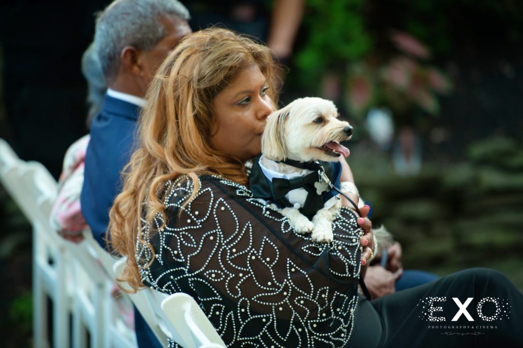 bride's mother with dog during ceremony
