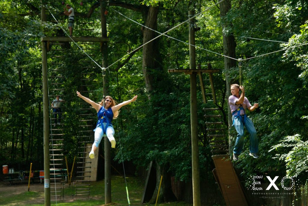 guests on zip line at Crestwood Country Day Camp
