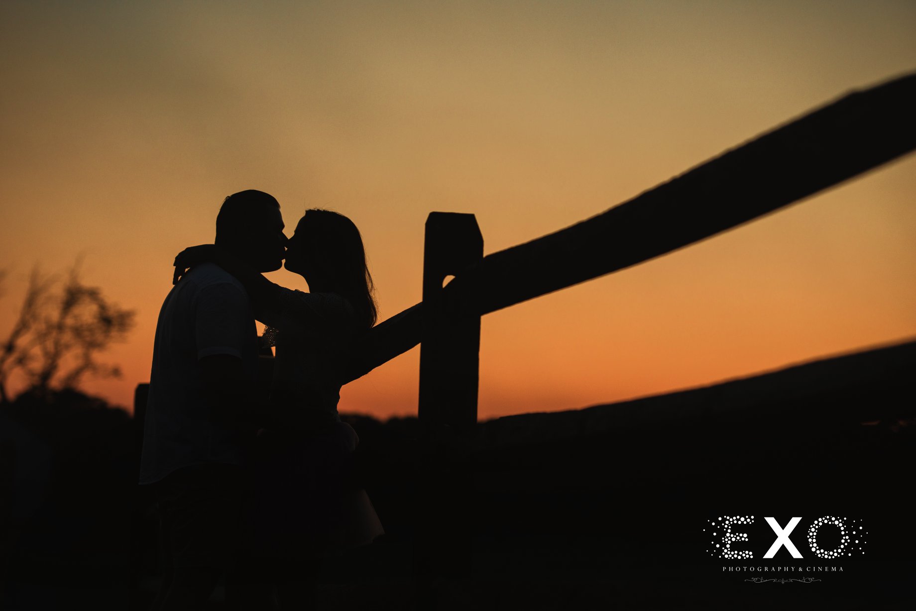 couple kissing against the fence in the sunset