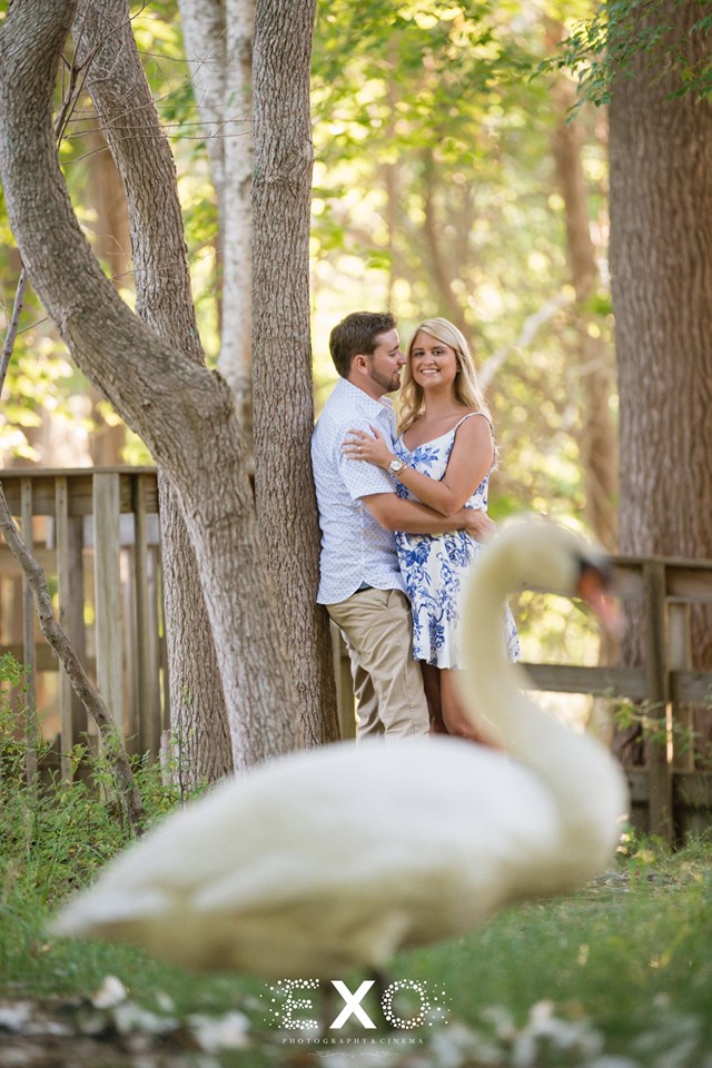 couple posing against a tree with swan at Elizabeth Morton Wildlife Refuge