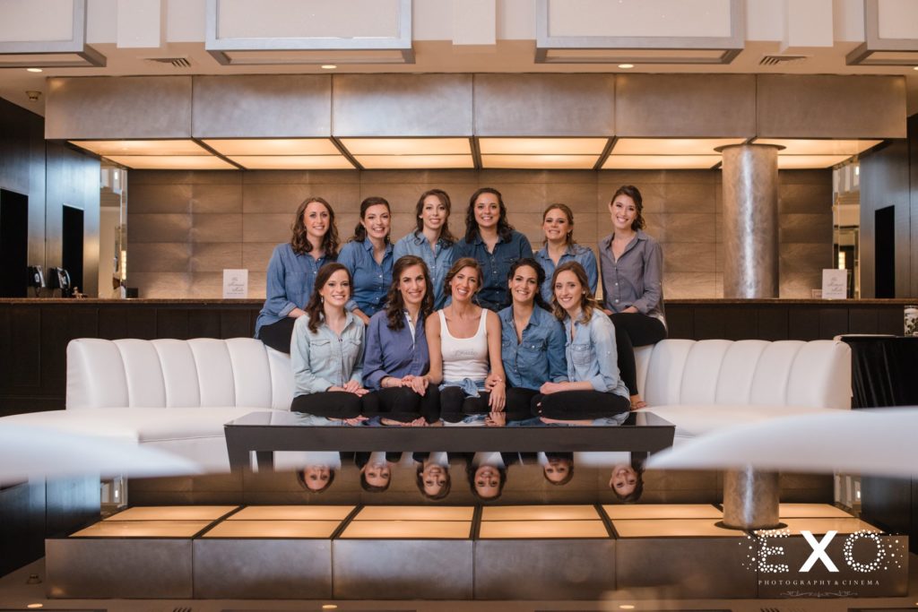 bride and bridesmaids in matching outfits at Temple Beth Torah