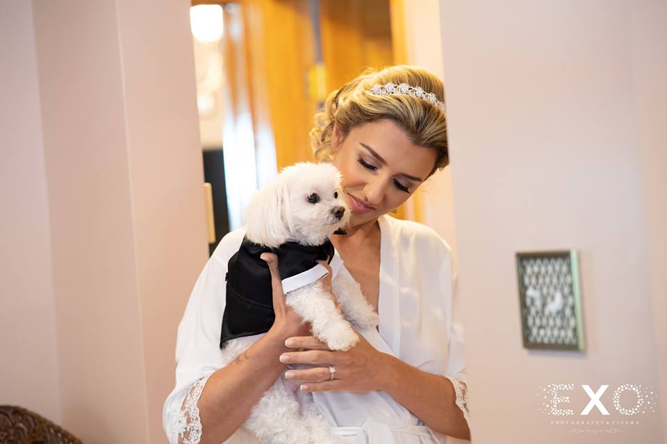 bride and her dog before Harbor Club at Prime wedding
