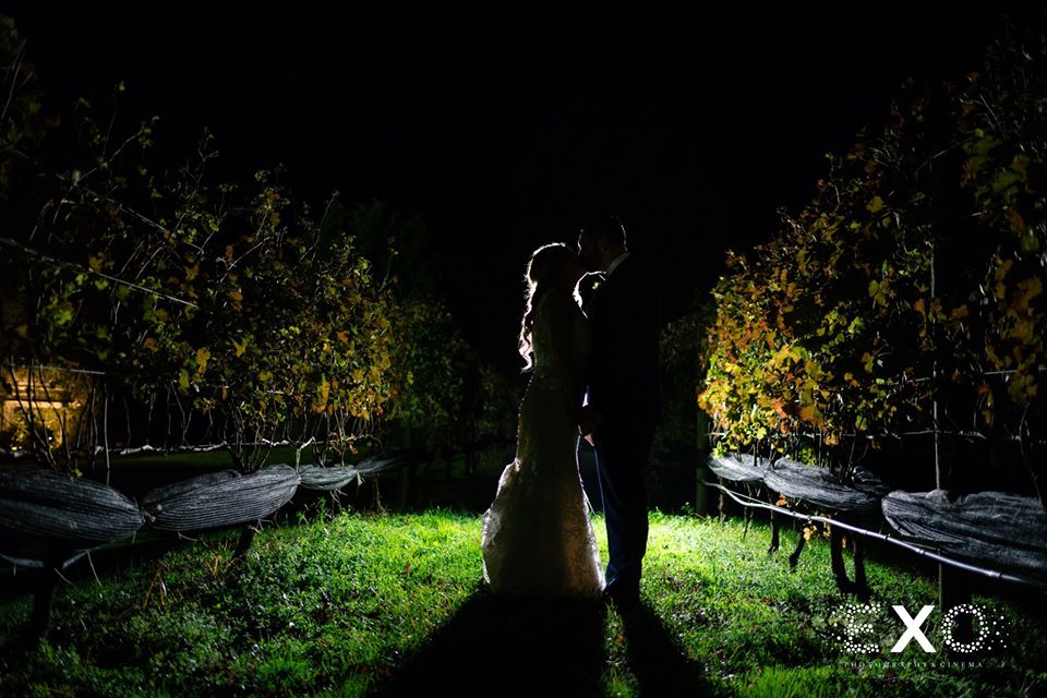 bride and groom in the vineyard at night