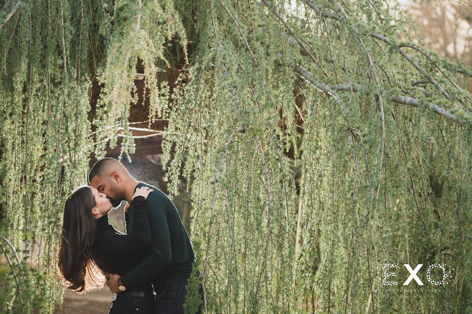 couple kissing in the greenery
