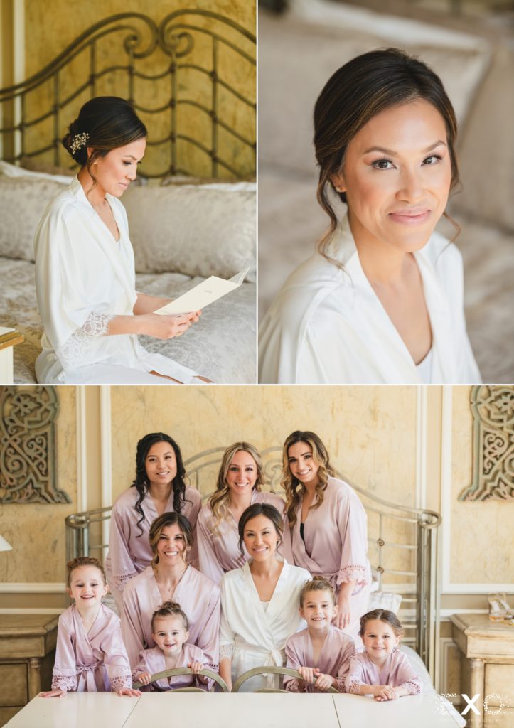 Bride reading a letter, bride and bridal party in matching robes.