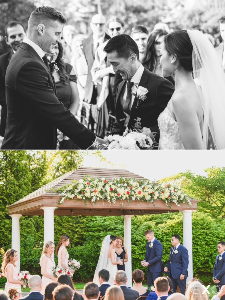 Spring wedding ceremony surrounded by family on Long Island at the Stonebridge Country Club.