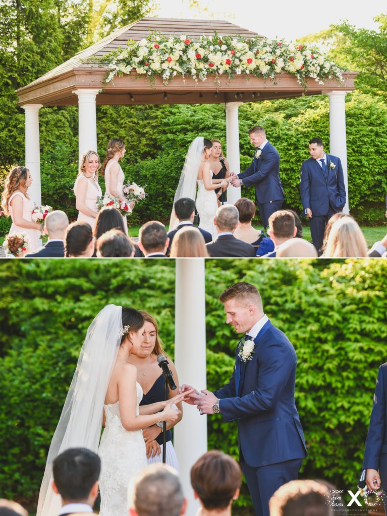 Bride and groom exchanging rings.