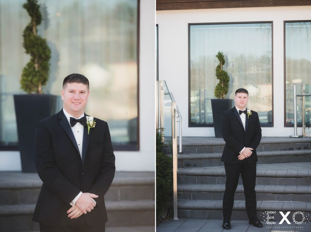 Groom at the entrance of Harbor Club at Prime