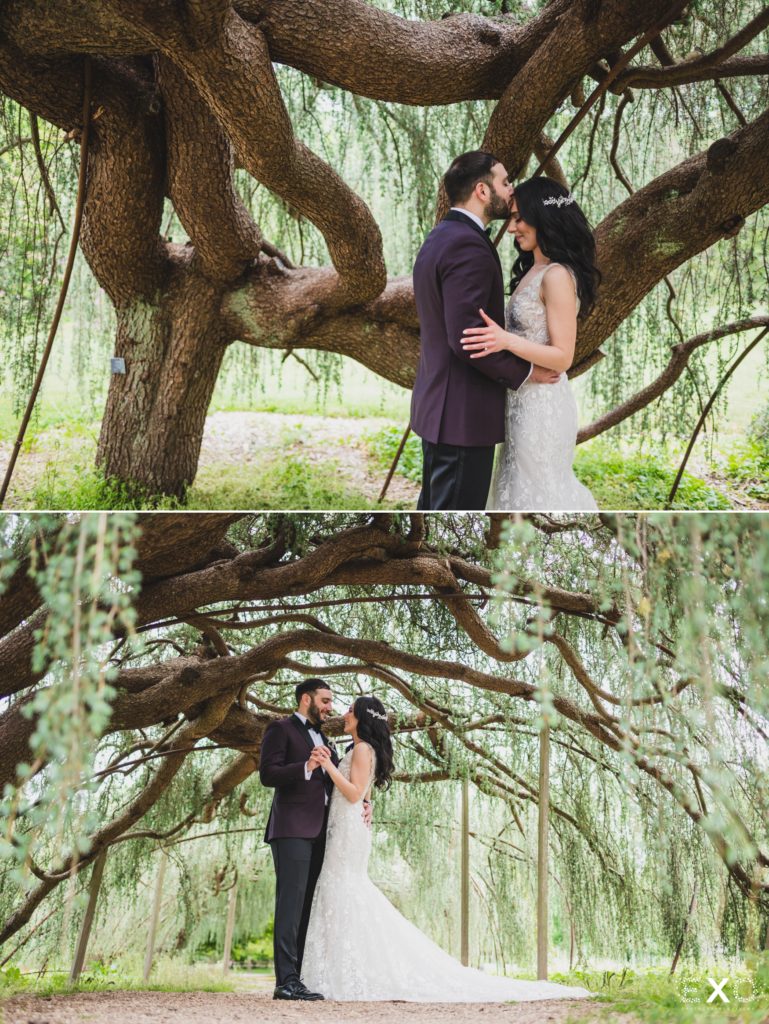 Bride and groom outside kissing under a tree.