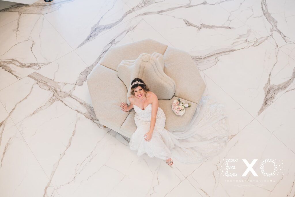 Bridal portrait in the lobby of the Water's Edge wedding photo by Long Island wedding photographer EXO photography
