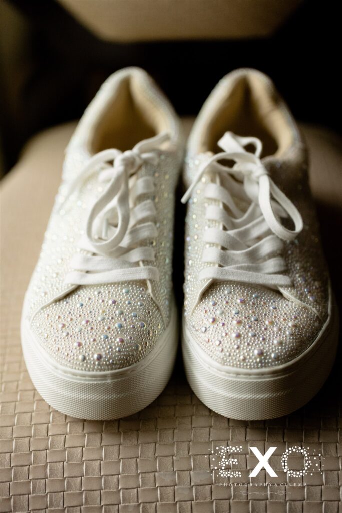 Sparkling white sneakers for the bride