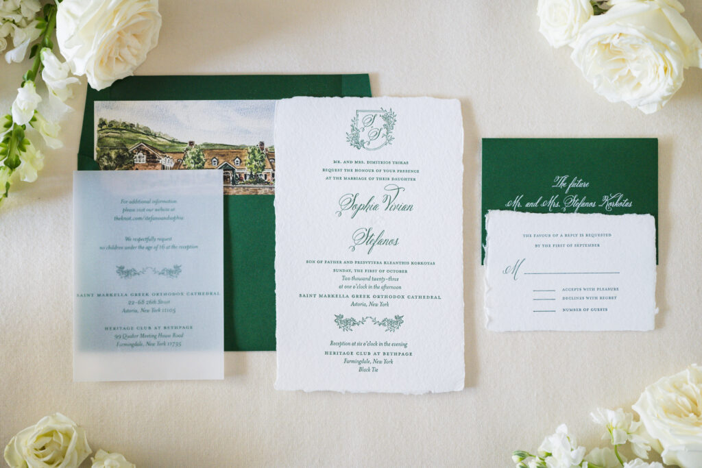 wedding stationery with hunter green colors