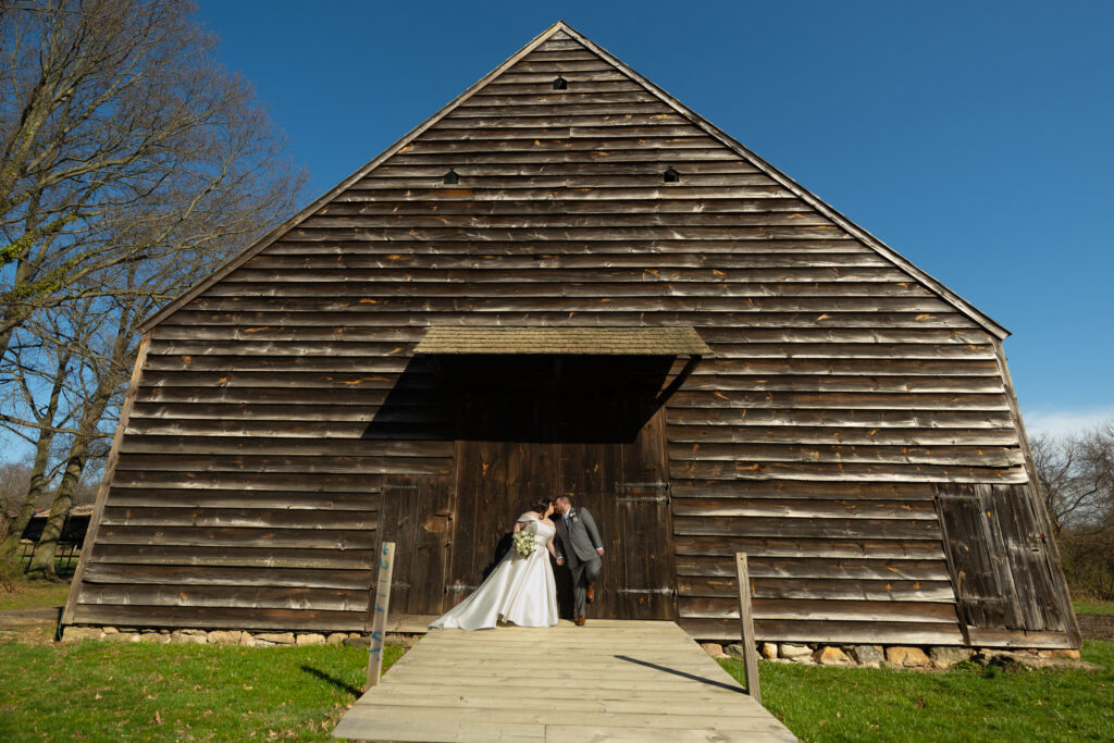 Bride and Groom infront of The Barn at Old Bethpage