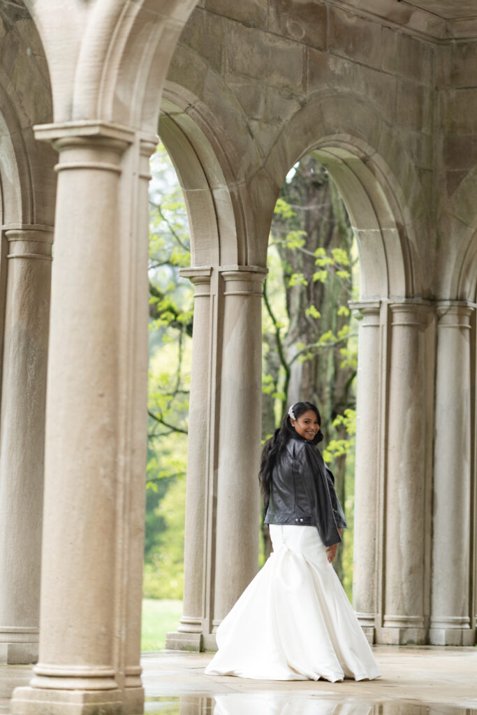 Bride wearing a leather jacket