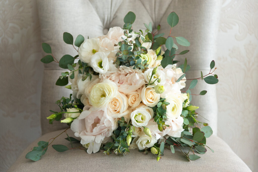 bridal bouquet with pink, white and green flowers