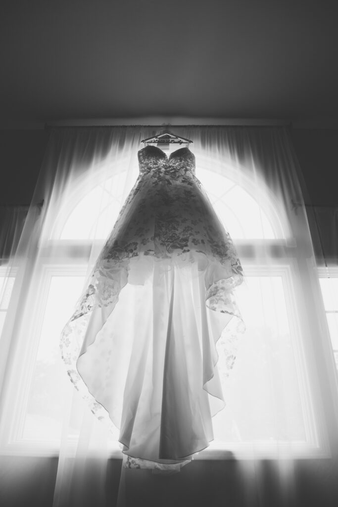 Black and white photo of the wedding dress