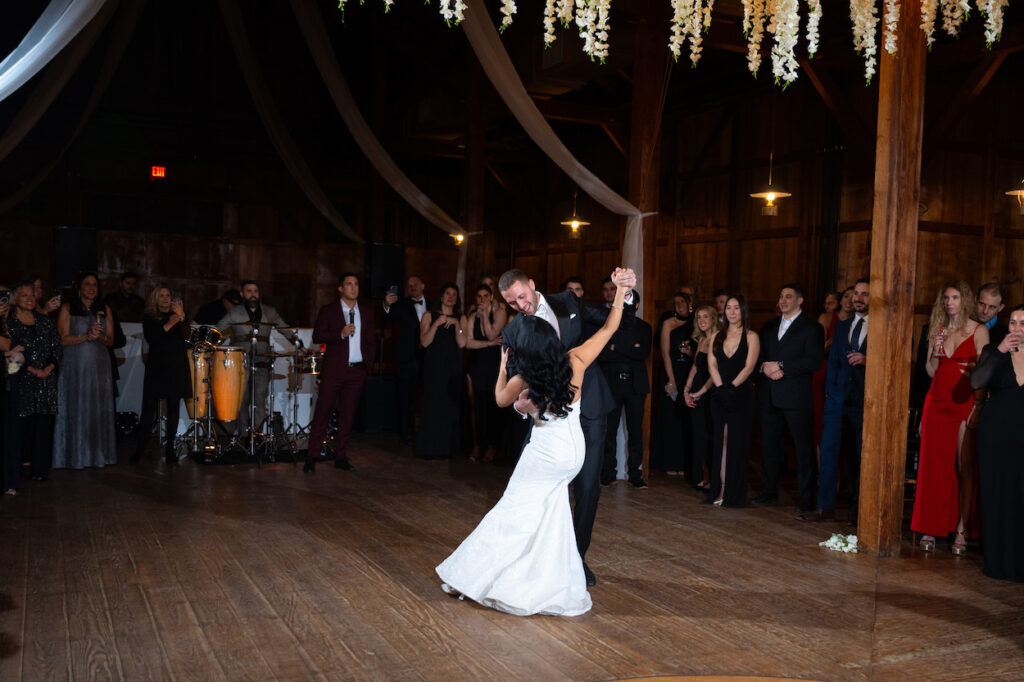 Bride and groom dancing at The Barn at Old Bethpage
