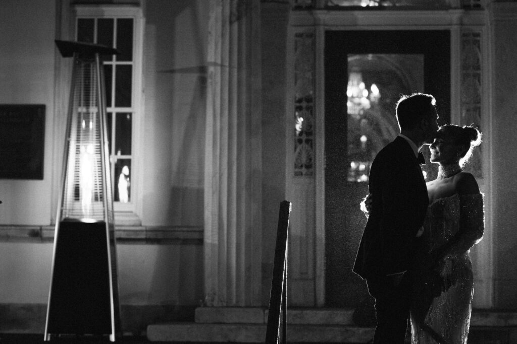 black and white outdoor night photo at The Mansion at Oyster Bay
