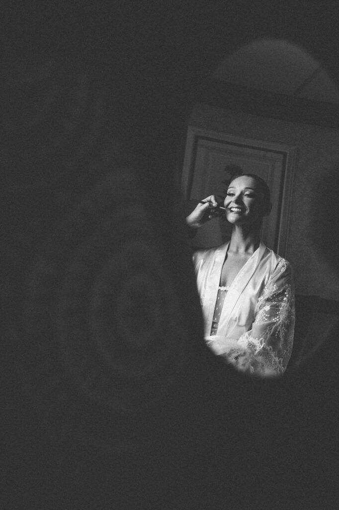 Black and white photo of the bride
