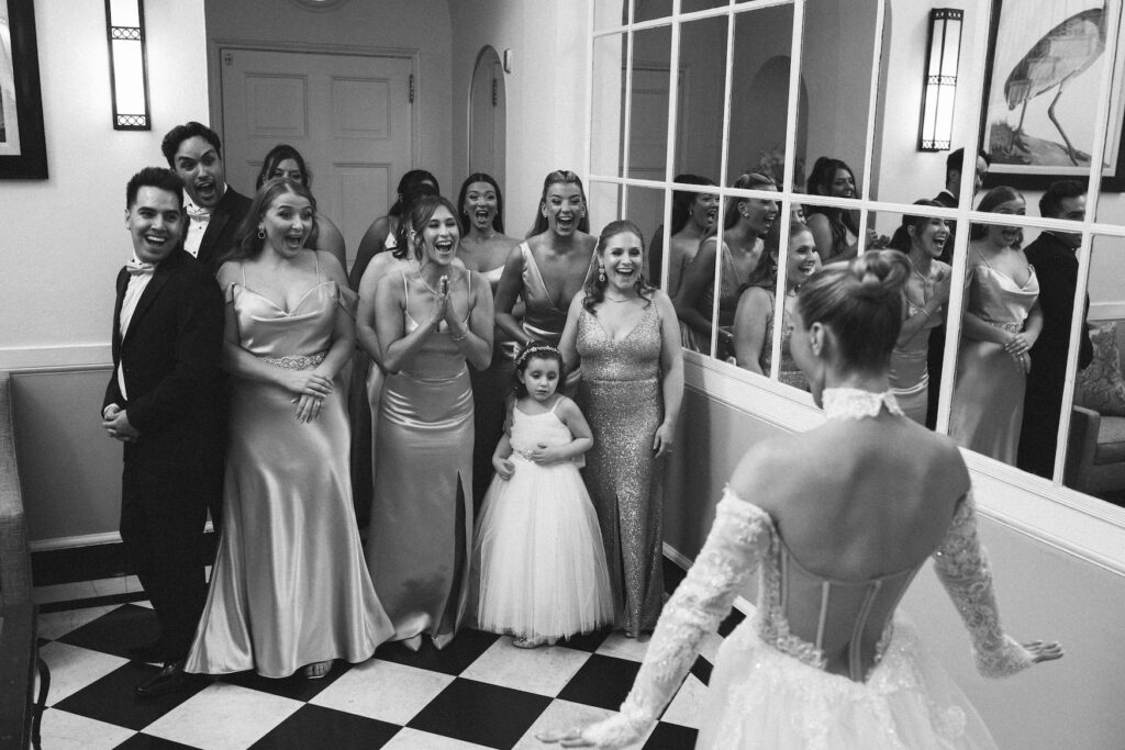 Bride and bridesmaids reveal at The Mansion at Oyster Bay