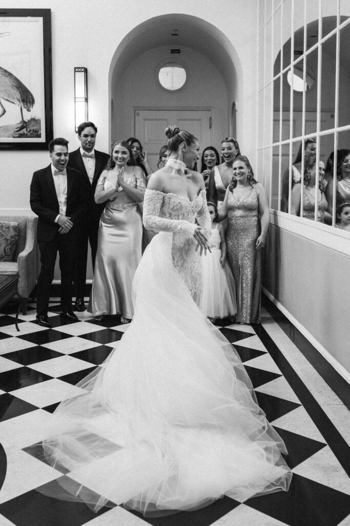Bride and bridesmaids first look at The Mansion at Oyster Bay